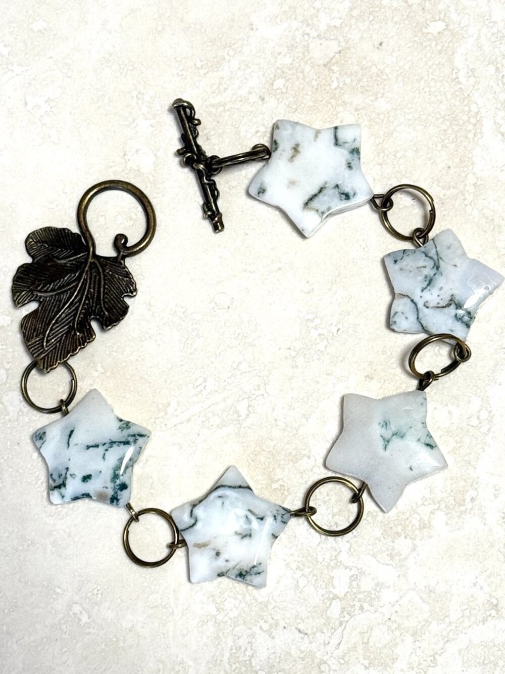 2/$20, Genuine White Green Tree Agate Bracelet, Gemstone Star +Bronze Grape Leaf